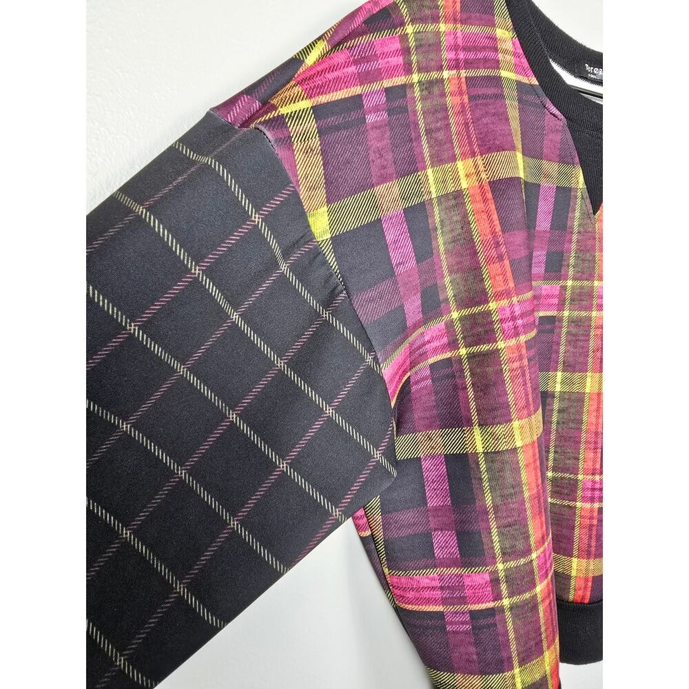 Terez As If Plaid Sweatshirt XS Black Pink Yellow Crewneck Scuba Knit Top - Picture 6 of 6